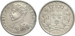 obverse: France, Henry V Pretender (1820-1833), Franc 1831, Bruxelles mint, Maz-911 Ag 23,5 mm 5 g, SPL. In lotto con: India, Republic (1950-) 100 Rupees 1981, Bombay mint, Ag 44 mm 29,16 g, with original box and certificate, Proof
				