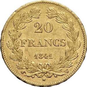 reverse: France, Louis Philippe (1830-1848), 20 Francs 1841-W, Lille mint, Au 21 mm 6,45 g, BB-SPL
				