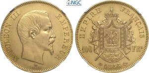 obverse: France, Napoleon III (1852-1870), 100 Francs 1855-BB, Strasbourg mint, Mintage: 5031, Rare Au 35 mm 32,26 g, in Slab NGC MS61
				