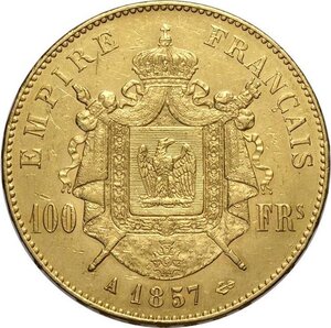 reverse: France, Napoleon III (1852-1870), 100 Francs 1855-A, Paris mint, Au 35 mm 32,24 g, q.SPL
				