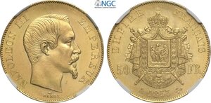 obverse: France, Napoleon III (1852-1870), 50 Francs 1855-A, Paris mint, Au 28 mm 16,13 g, di eccezionale qualità per il tipo, in Slab NGC MS65 (cert. 5787992016 second best grade)
				