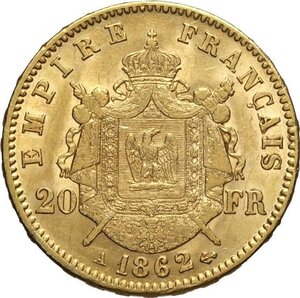 reverse: France, Napoleon III (1852-1870), 20 Francs 1862-A, Paris mint, Au 21 mm 6,44 g, SPL+
				