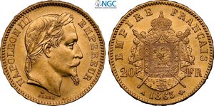 obverse: France, Napoleon III (1852-1870), 20 Francs 1865-A, Paris mint, Au 21 mm 6,45 g, in Slab NGC MS63
				