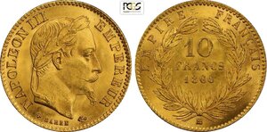 obverse: France, Napoleon III (1852-1870), 10 Francs 1866-BB, Strasbourg mint, Au 19 mm 3,22 g, conservazione eccezionale, in Slab PCGS MS66
				