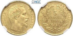 obverse: France, Napoleon III (1852-1870), 5 Francs 1854-A, Paris mint, Au 14,4 mm, conservazione eccezionale, in Slab NGC MS66
				