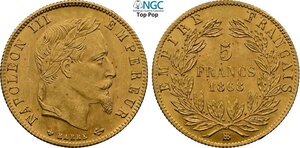 obverse: France, Napoleon III (1852-1870), 5 Francs 1868-BB, Strasbourg mint, Au 17 mm 1,61 g, conservazione eccezionale, in Slab NGC MS66 Top Pop! (cert. 6841384004)
				