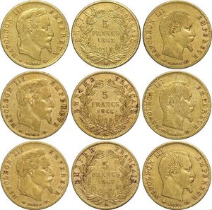 obverse: France, Napoleon III (1852-1870), Lot of 9 different 5 francs: 1856-A, 1857-A, 1858-A, 1859-A, 1860-BB, 1863-BB, 1864-BB, 1866-A, 1867-A
				