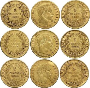 reverse: France, Napoleon III (1852-1870), Lot of 9 different 5 francs: 1856-A, 1857-A, 1858-A, 1859-A, 1860-BB, 1863-BB, 1864-BB, 1866-A, 1867-A
				