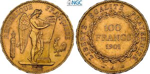 obverse: France, Third Republic (1870-1940), 100 Francs 1901-A, Paris mint, Au 35 mm 32,26 g, in Slab NGC MS63 (cert. 2135263045 second best grade)
				