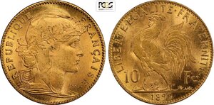 obverse: France, Third Republic (1870-1940), 10 Francs 1899, Au 19 mm 3,22 g, rara in questa qualità, in Slab PCGS MS64
				