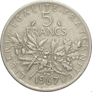 reverse: France, Fifth Republic (1958-), 5 Francs 1967 Nickel, Rara Ni 29 mm 10,46 g, BB
				