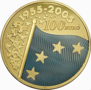 obverse: France, Fifth Republic (1958-), 100 Euro 2005 Flag of Europe, mintage: 99, Au 50 mm 155,5 g (5 Oz), with original box and certificate number 72 of 99, Proof
				