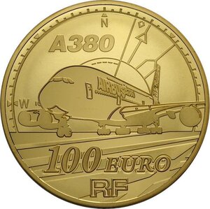 obverse: France, Fifth Republic (1958-), 100 Euro 2007 Airbus A380, mintage: 99, Au 50 mm 155,5 g (5 Oz), with original box and certificate number 5 of 99, Proof
				