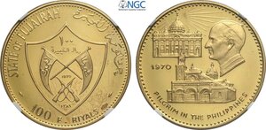 obverse: Fujairah, Muhammad bin Hamad al-Sharqi (1952-1974), 100 Riyals 1970, mintage: 290, Rare KM-24 Au 35,5 mm 20,73 g, in Slab NGC PF67 Ultra Cameo
				