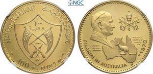 obverse: Fujairah, Muhammad bin Hamad al-Sharqi (1952-1974), 100 Riyals 1970, mintage: 250, Rare KM-26 Au 35,5 mm 20,73 g, in Slab NGC PF67 Ultra Cameo
				