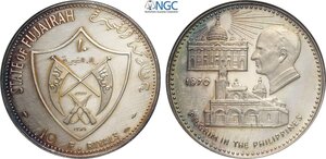 obverse: Fujairah, Muhammad bin Hamad al-Sharqi (1952-1974), 10 Riyals 1970, mintage: 300, Rare KM-20 Ag 45 mm 30 g, in Slab NGC PF66 Ultra Cameo
				