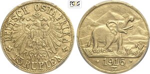 obverse: German East Africa, Wilhelm II (1888-1918), 15 Rupien 1916, Tabora mint, short arabesque variety, Mintage: 6395, KM-16.2 Au 22 mm 7,16 g, in Slab PCGS MS61
				