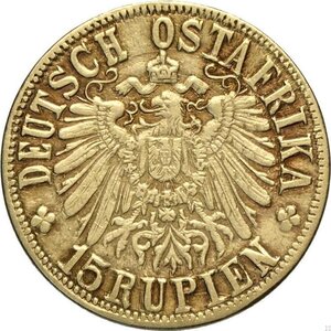 obverse: German East Africa, Wilhelm II (1888-1918), 15 Rupien 1916, Tabora mint, long arabesque variety, Mintage: 9035, KM-16.1 Au 22 mm 7,26 g, minime tracce di montatura sul contorno, BB
				