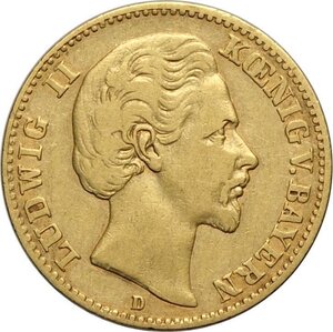 obverse: Germany Bavaria, Ludwig II (1864-1886), 10 Mark 1872-D, Munich mint, Au 19,5 mm, BB
				