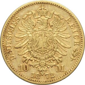 reverse: Germany Bavaria, Ludwig II (1864-1886), 10 Mark 1872-D, Munich mint, Au 19,5 mm, BB
				