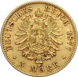 reverse: Germany Bavaria, Ludwig II (1864-1886), 5 Mark 1877-D, Munich mint, Au 17 mm, q.SPL
				