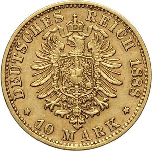 reverse: Germany Bavaria, Otto (1886-1913), 10 Mark 1888-D, Munich Mint, Au 19,5 mm, colpo al bordo BB
				