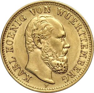 obverse: Germany Wurttemberg, Karl I (1864-1891), 5 Mark 1877-F, Stuttgard mint, Au 17 mm, SPL-FDC
				