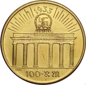 reverse: Germany, Fantasy Gold 100 Reichsmark 1933 Adolf Hitler (presumably minted in the 70s), Colbert-403, Au 36 mm 29,81 g, FDC/Prooflike
				