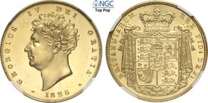 obverse: Great Britain, George IV (1820-1830), Gold Pattern 2 Pounds 1825, W&R-225 Au 28 mm 15,98 g, conservazione eccezionale per questa rara tipologia, in Slab NGC PF63+ Ultra Cameo Top Pop! (cert. 6031993002)
				