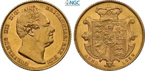 obverse: Great Britain, William IV (1830-1837), Sovereign 1832, Au 22 mm 7,99 g, di alta conservazione per questa tipologia, in Slab NGC MS62 (cert. 6643517017 second best grade)
				