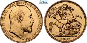 obverse: Great Britain, Edward VII (1901-1910), 2 Pounds 1902, London Mint, Au 28,4 mm 15,98 g, in Slab NGC MS64 (only 2 better examples in the NGC registry cert. 6768081001)
				