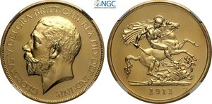 obverse: Great Britain, George V (1910-1936), 5 Pounds 1911, London Mint, Mintage: 2812, Au 36 mm 39,94 g, di eccezionale qualità, in Slab NGC PF65
				