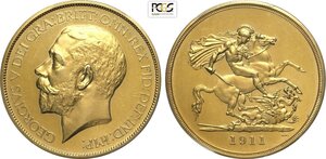 obverse: Great Britain, George V (1910-1936), 5 Pounds 1911, London Mint, Mintage: 2812, Au 36 mm 39,94 g, in Slab PCGS PR62
				