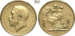 obverse: Great Britain, George V (1910-1936), Sovereign 1911, London Mint, Mintage: 3764, Au 22 mm 7,99 g, ex Salton collection, in Slab PCGS PR65+ Cameo
				