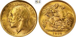 obverse: Great Britain, George V (1910-1936), Half Sovereign 1914, London Mint, S-4006 Au 19 mm 3,99 g, in Slab PCGS MS65
				