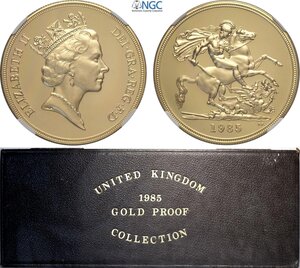 obverse: Great Britain, Elizabeth II (1952-2022), Proof 5 Pounds 1985, London Mint, Au 36 mm 39,94 g, with original box for set (to be completed) and certificate. In Slab NGC PF69 Ultra Cameo
				