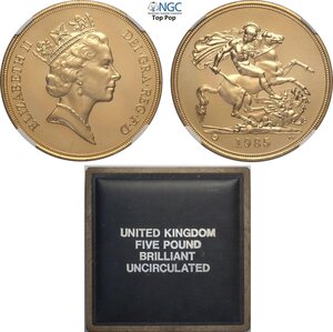 obverse: Great Britain, Elizabeth II (1952-2022), 5 Pounds 1985, London Mint, Au 36 mm 39,94 g, with original box (no certificate) In Slab NGC MS70 Top Pop! (cert. 6647231009)
				