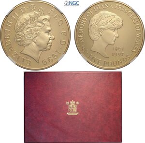 obverse: Great Britain, Elizabeth II (1952-2022), Proof 5 Pounds 1999 Princess Diana, London Mint, Mintage: 7500, Au 38,61 mm 39,94 g, with original box and certificate. In Slab NGC PF68 Ultra Cameo
				