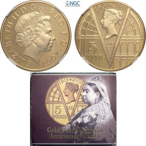 obverse: Great Britain, Elizabeth II (1952-2022), Proof 5 Pounds 2001 Victorian Anniversary Crown, London Mint, Mintage: 2098, Au 38,61 mm 39,94 g, with original box and certificate. In Slab NGC PF69 Ultra Cameo
				