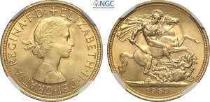 obverse: Great Britain, Elizabeth II (1952-2022), Sovereign 1959, London Mint, Au 22 mm 7,99 g, in Slab NGC MS65
				