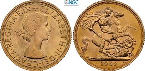 obverse: Great Britain, Elizabeth II (1952-2022), Sovereign 1959, London Mint, Au 22 mm 7,99 g, in Slab NGC MS64
				