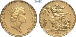 obverse: Great Britain, Elizabeth II (1952-2022), Proof Sovereign 1987, London Mint, Au 22 mm 7,99 g, in Slab NGC PF68 Ultra Cameo
				