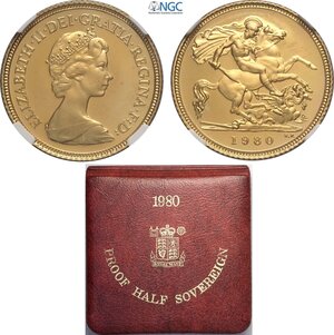 obverse: Great Britain, Elizabeth II (1952-2022), Proof Half Sovereign 1980, London Mint, Au 19,3 mm 3,99 g, with original box and certificate, in Slab NGC PF67 Ultra Cameo
				