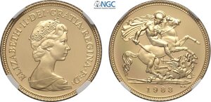 obverse: Great Britain, Elizabeth II (1952-2022), Proof Half Sovereign 1983, London Mint, Au 19,3 mm 3,99 g, in Slab NGC PF69 Ultra Cameo
				