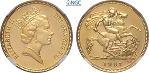 obverse: Great Britain, Elizabeth II (1952-2022), Proof Half Sovereign 1987, London Mint, Au 19,3 mm 3,99 g, in Slab NGC PF68 Ultra Cameo
				