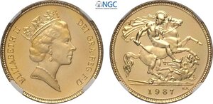 obverse: Great Britain, Elizabeth II (1952-2022), Proof Half Sovereign 1987, London Mint, Au 19,3 mm 3,99 g, in Slab NGC PF68 Ultra Cameo
				