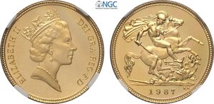 obverse: Great Britain, Elizabeth II (1952-2022), Proof Half Sovereign 1987, London Mint, Au 19,3 mm 3,99 g, in Slab NGC PF68 Ultra Cameo
				