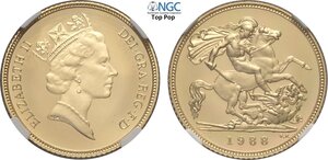 obverse: Great Britain, Elizabeth II (1952-2022), Proof Half Sovereign 1988, London Mint, Au 19,3 mm 3,99 g, in Slab NGC PF70 Ultra Cameo Top Pop! (cert. 6647435005)
				