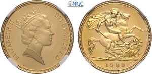 obverse: Great Britain, Elizabeth II (1952-2022), Proof Half Sovereign 1988, London Mint, Au 19,3 mm 3,99 g, in Slab NGC PF67 Ultra Cameo
				