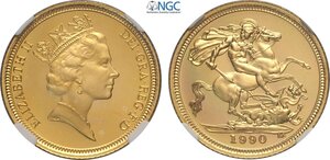 obverse: Great Britain, Elizabeth II (1952-2022), Proof Half Sovereign 1990, London Mint, Au 19,3 mm 3,99 g, in Slab NGC PF69 Ultra Cameo
				